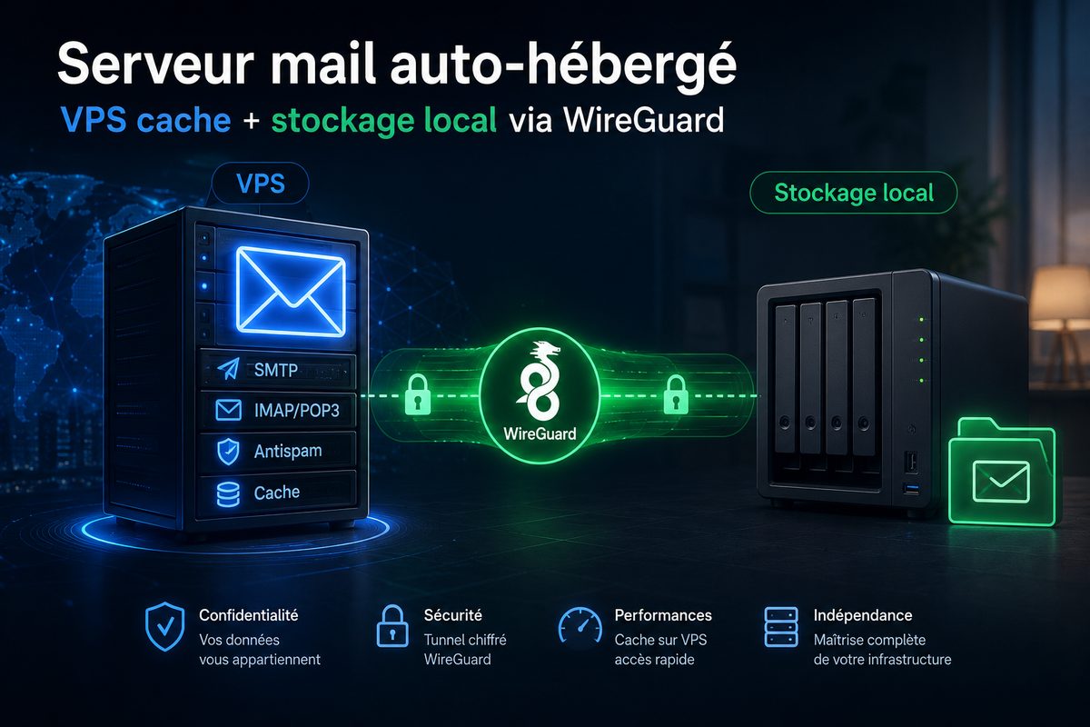 Serveur mail auto-hébergé : VPS cache + stockage local via WireGuard