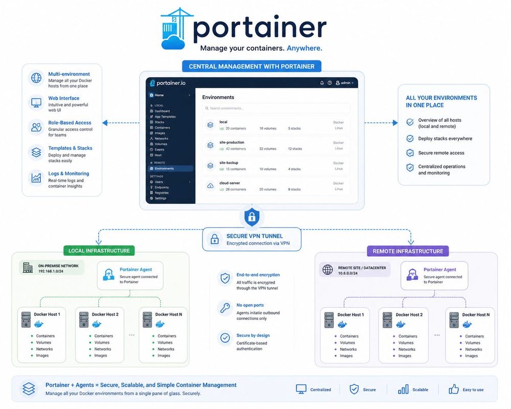 Portainer : piloter 4 serveurs Docker depuis une seule interface, en toute securite via VPN